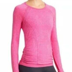 ATHLETA Fastest Track Long Sleeve Ruched T-Shirt, Space Dyed Pink Heather, LARGE